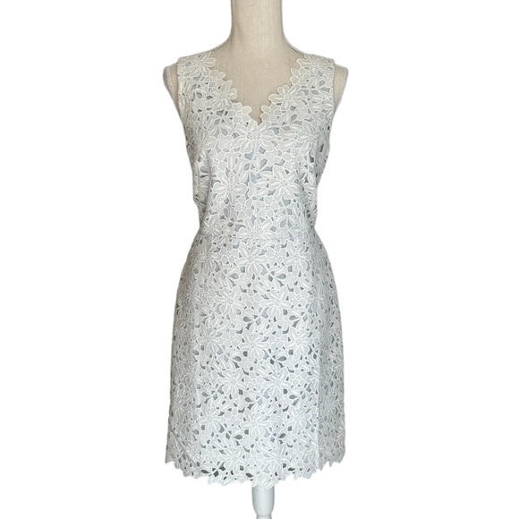 LOFT Dresses & Skirts - RELISTED LOFT White Lace Dress with Pale Blue Underlay NWT Women’s Size 8 Petite